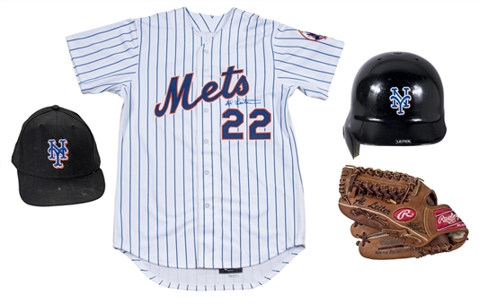 Lot of (4) Al Leiter Game Used New York Mets Home Jersey, Cap, Batting Helmet & Rawlings Glove (2 signed) (PSA/DNA, JT Sports, Beckett)